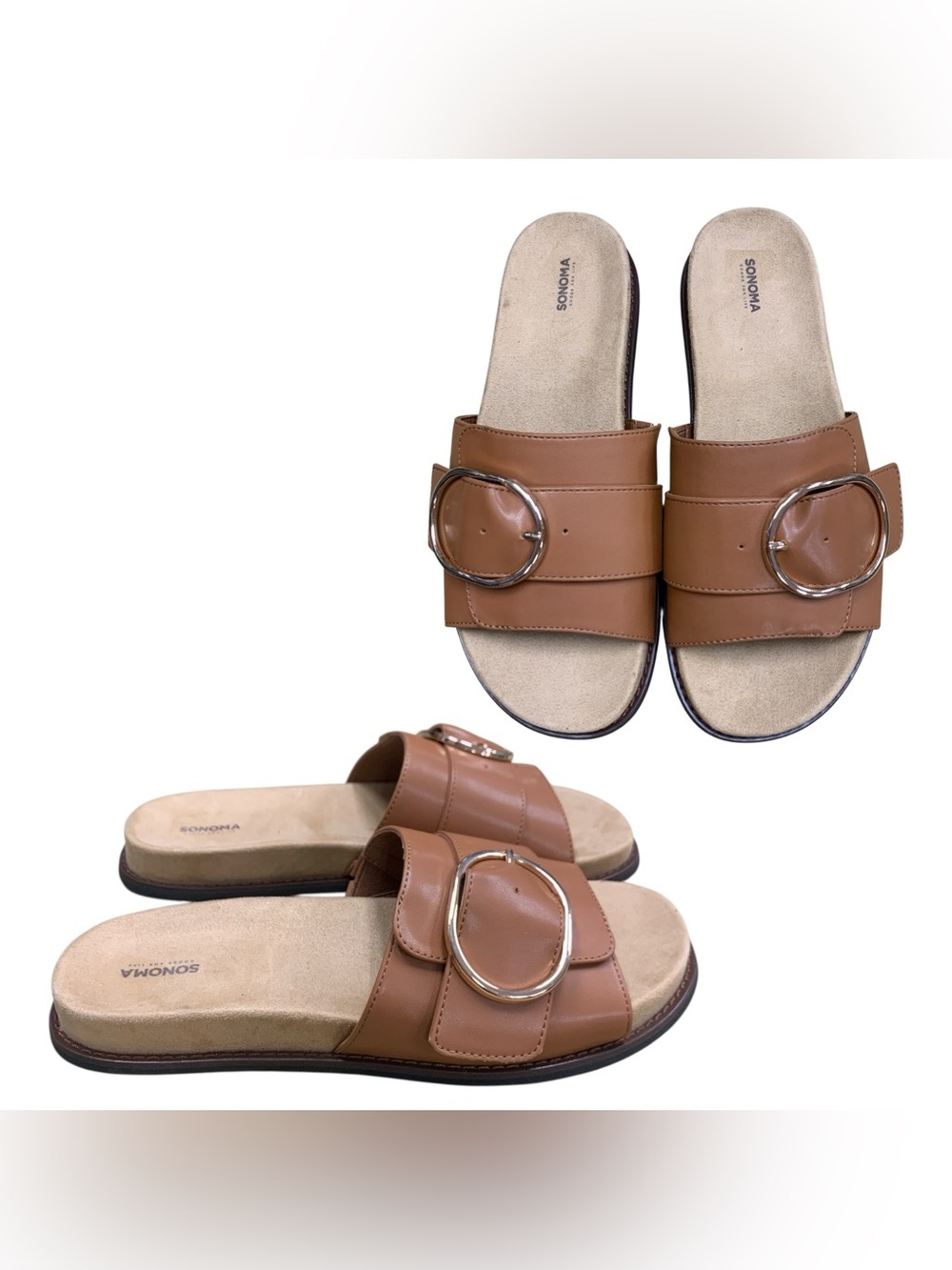 Sonoma Cognac Slide Sandals with Round Buckle S9
